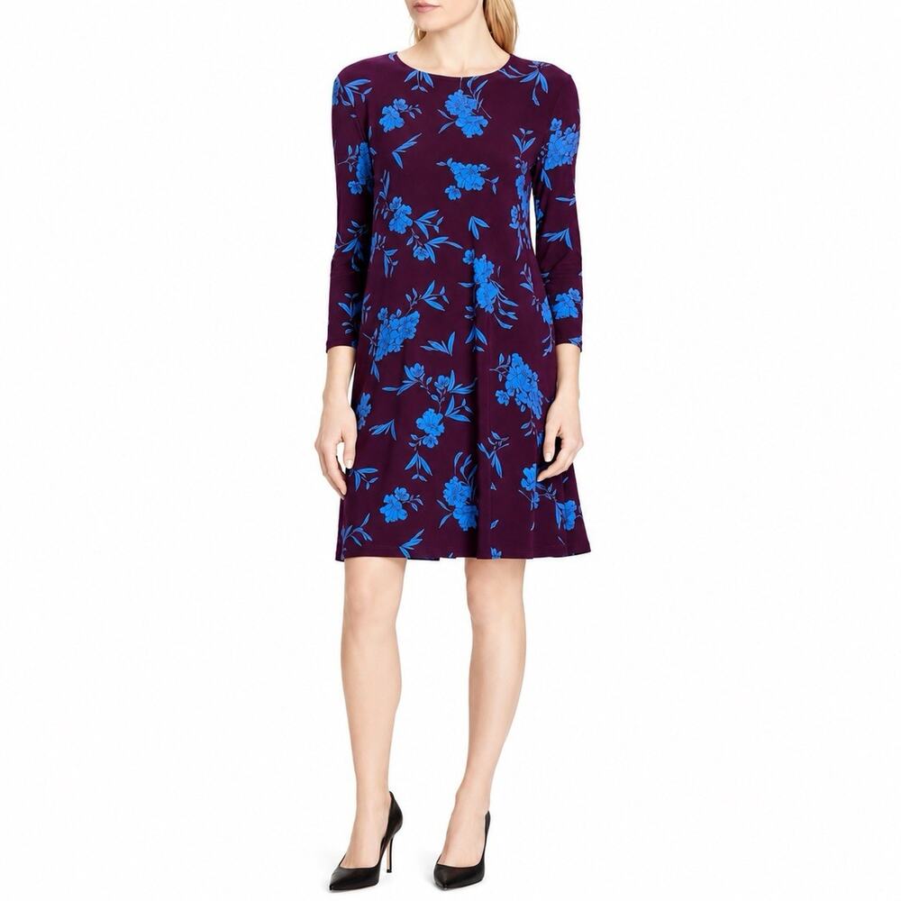 Lauren Ralph Lauren 6P Purple Blue Floral 3/4 Sleeve Fit & Flare Dress Petite